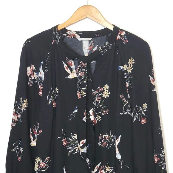 H&M Floral Bird Print V Neck Tie Neck Long Sleeve Black Shift Dress Size 12 - Picture 3 of 14